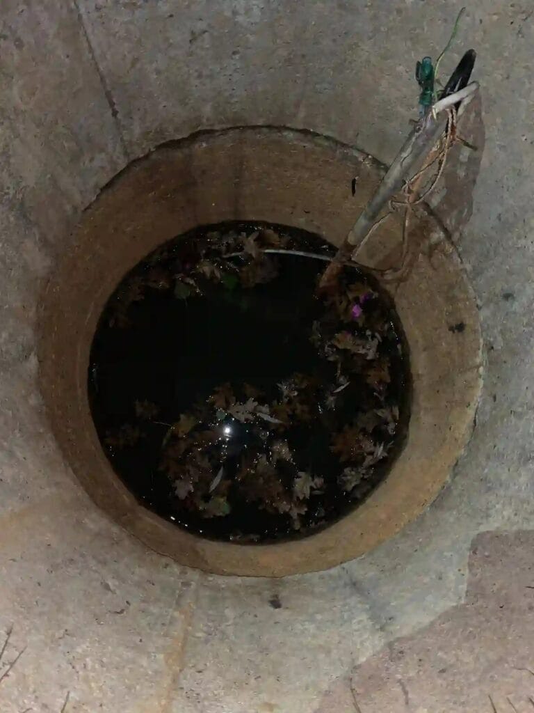 Zanieczyszczona studnia kręgowa pełna liści i wody opadowej, z pompą głębinową zawieszoną w prowizoryczny sposób.