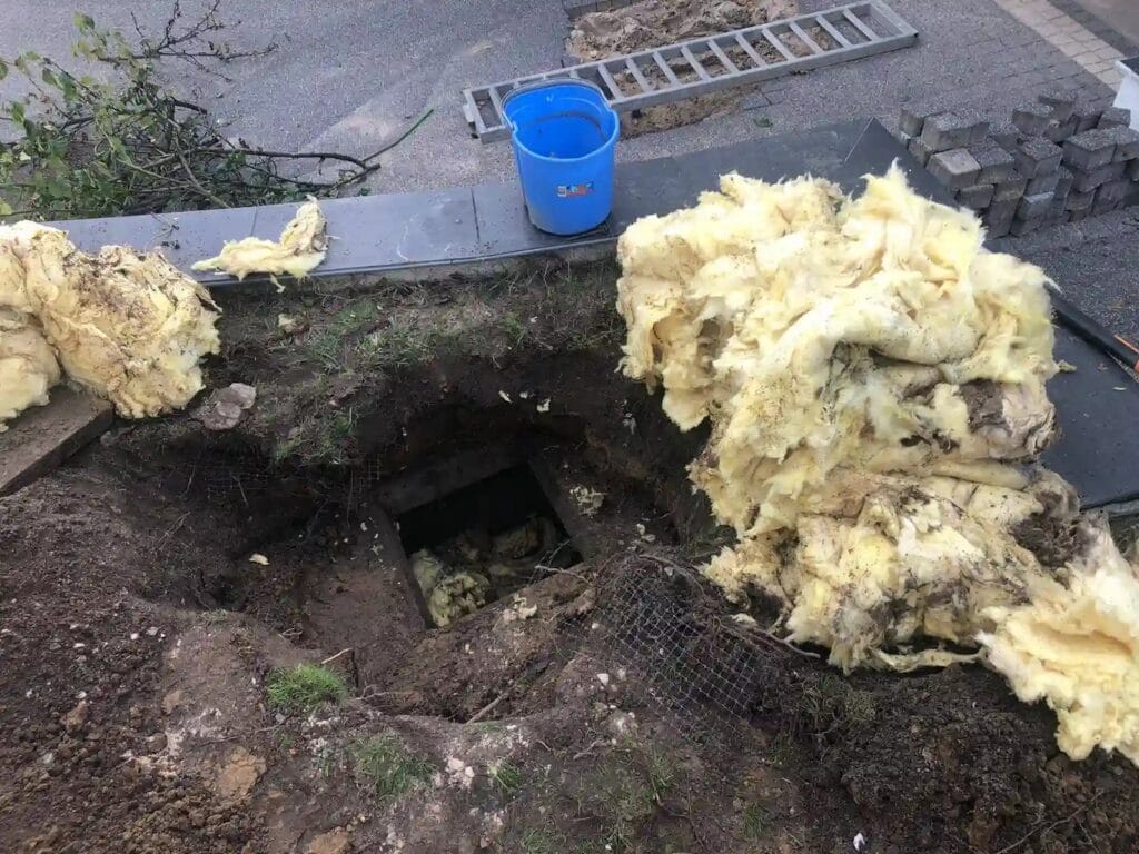 Odsłonięta, ukryta komora studni rewizyjnej z widoczną izolacją termiczną (wełną mineralną lub styropianem). Prawidłowe zabezpieczenie studzienki przed mrozem i zanieczyszczeniami.