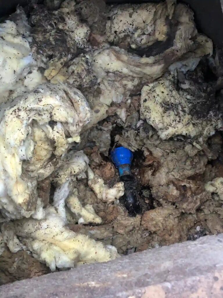 Katastrofalny błąd izolacyjny: mokra, gnijąca wełna mineralna w komorze studziennej, użyta do rzekomej ochrony rur przed mrozem.